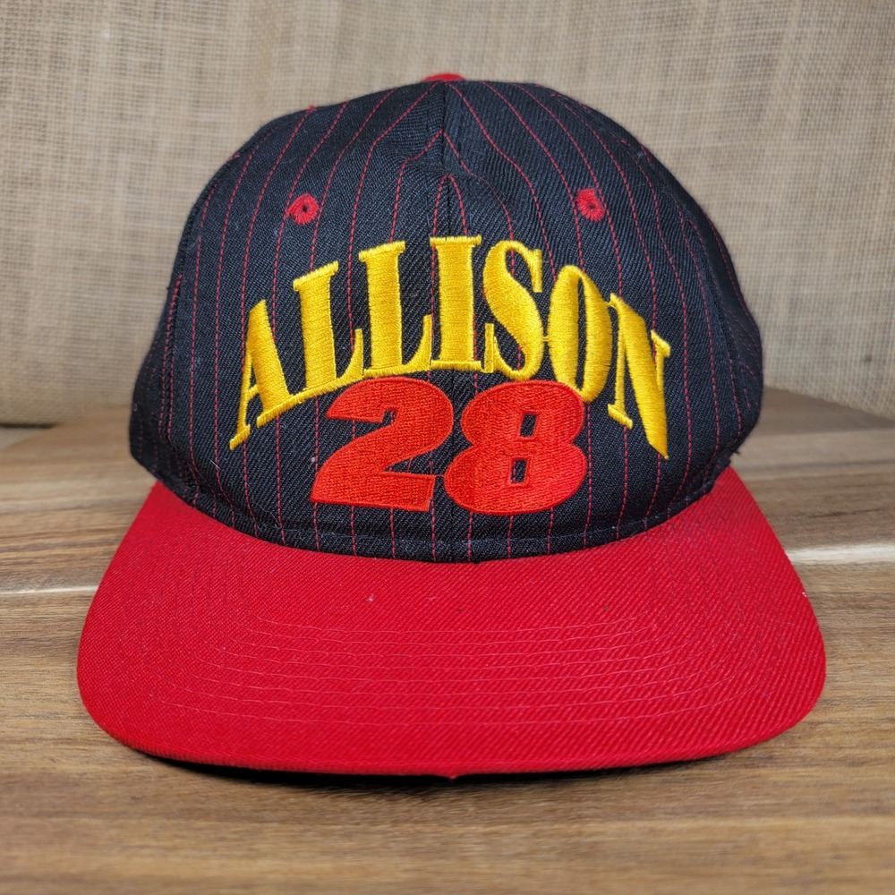 Vintage‎ 90s Davey Allison 28 NASCAR Snapback Hat Black Red Pinstripe Racing Cap